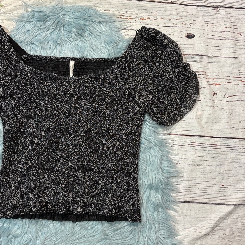 Anthropologie Aurelia floral printed smocked mesh black white top - Picture 5 of 9